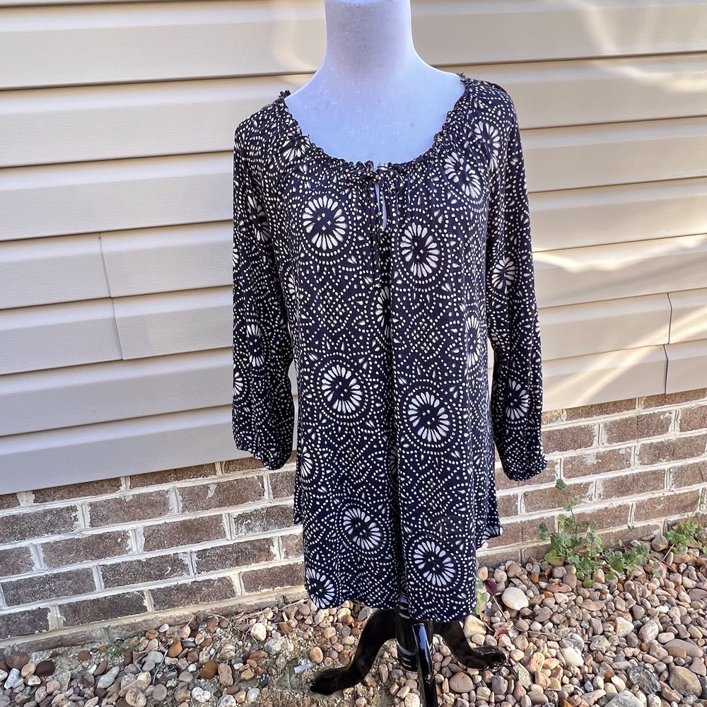 Lucky Brand Womens Peasant Pullover Top Medium Navy Cream Mandala Hippie Boho